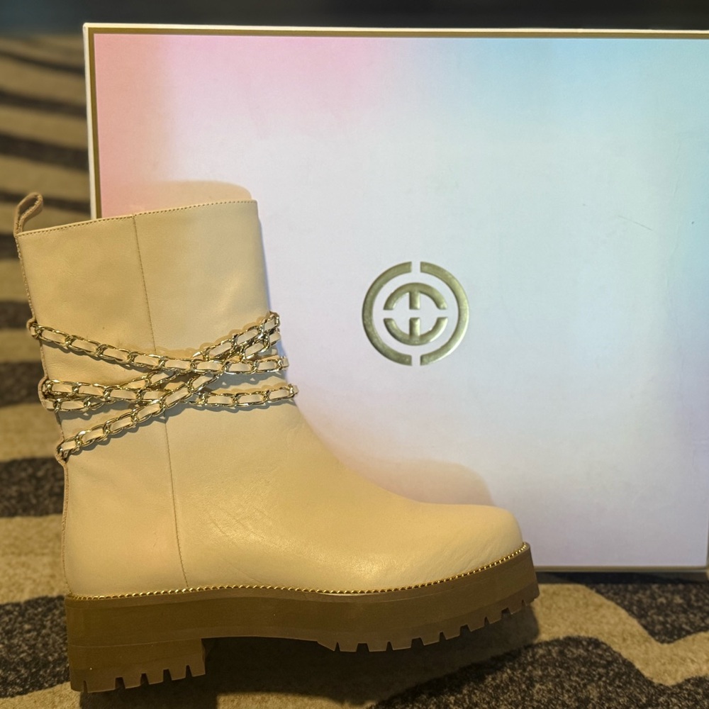 Cream Combat Boots with Chunky Sole and Chain Detail